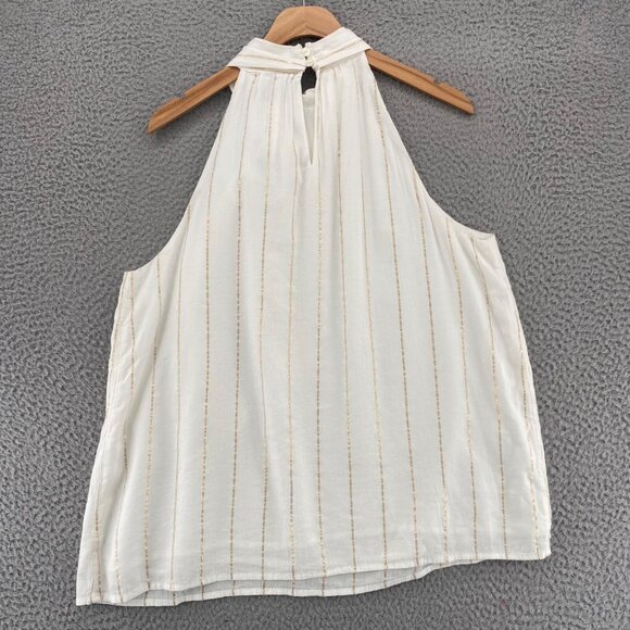 LOFT Top Womens Large White Gold Shimmer Stripe Halter Neck Sleeveless Tied Neck - Picture 3 of 11